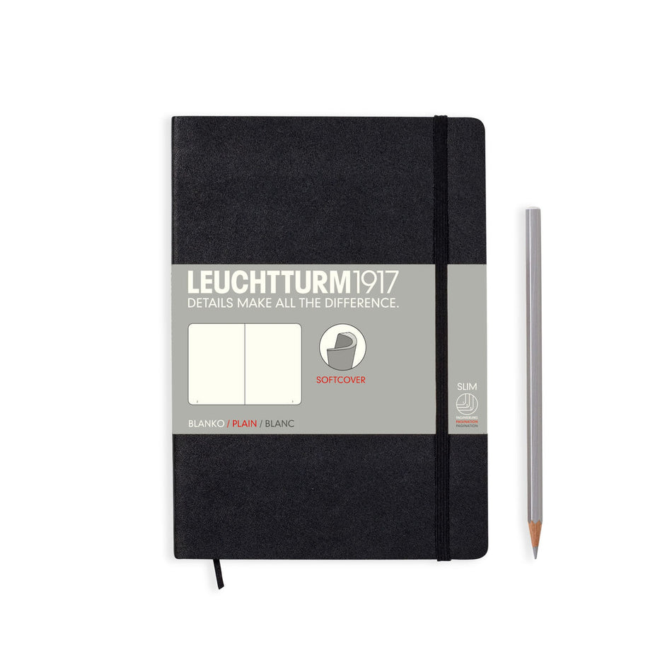 LEUCHTTURM1917 Notebook Medium (A5) Softcover, 121 Numbered Pages, Plain - Black