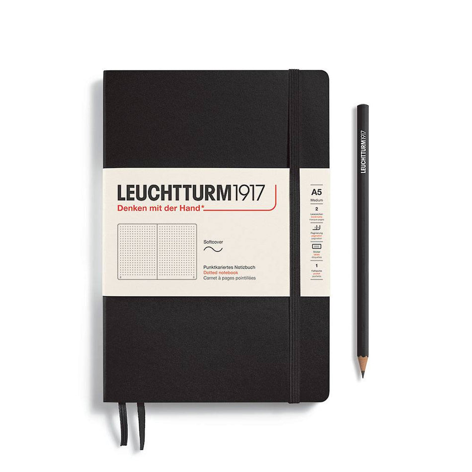 LEUCHTTURM1917 Notebook Medium (A5) Softcover, 121 Numbered Pages, Dotted - Black