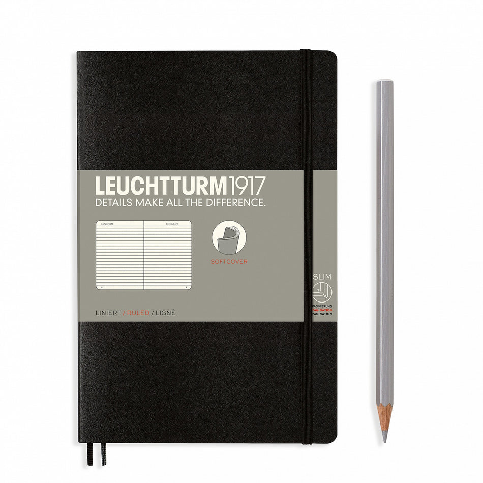 LEUCHTTURM1917 Notebook Paperback (B6+) Ruled, Softcover, 123 Numbered Pages - Black