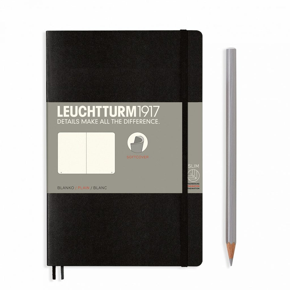 LEUCHTTURM1917 Notebook Paperback (B6+) Plain, Softcover, 123 Numbered Pages - Black