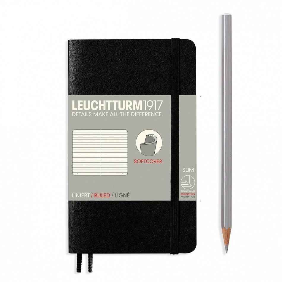 LEUCHTTURM1917 Notebook Pocket (A6) Ruled, Softcover, 121 Numbered Pages - Black