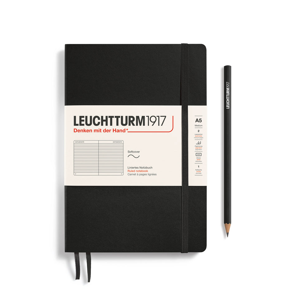 Notebook Medium (A5) Softcover, 121 Numbered Pages, Ruled, Black